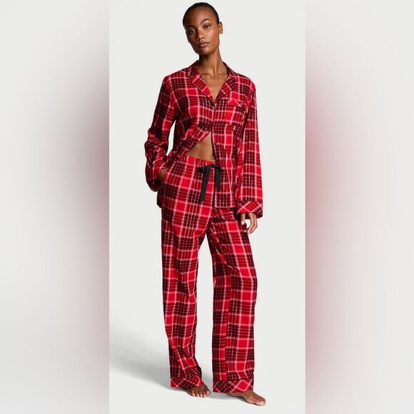 Victoria Secret Flannel Long Pajama Set Lipstick Lovely Plaid Small NWT‎ - Picture 1 of 7